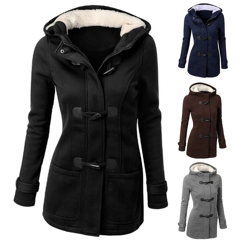 

VOLALO 2024 Winter Fashion Women Solid Color Horn Buckle Hooded Long Sleeve Coat Autumn And Winter Coat Woman Overcoat