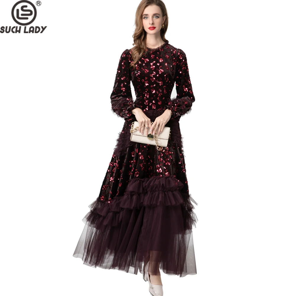 Women's Dress Stunning Burgundy Red Sequin Embellished O Neck Maxi Dress with Ruffled Long Sleeves  Multi - layer Tulle Skirt
