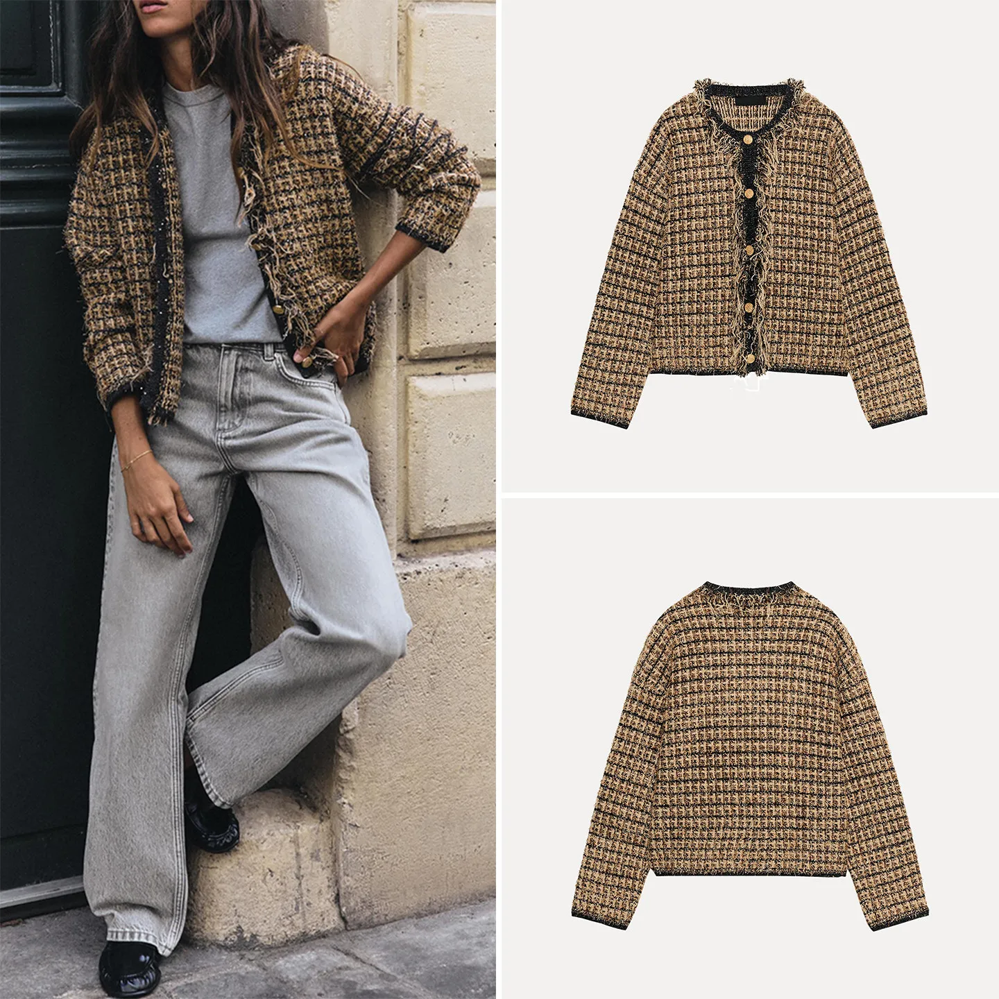 Women's Knitted Long Sleeve round Neck Frayed Metal Color Outerwear Casual Loose Fit Button Detail Plaid Pattern Autumn New A...