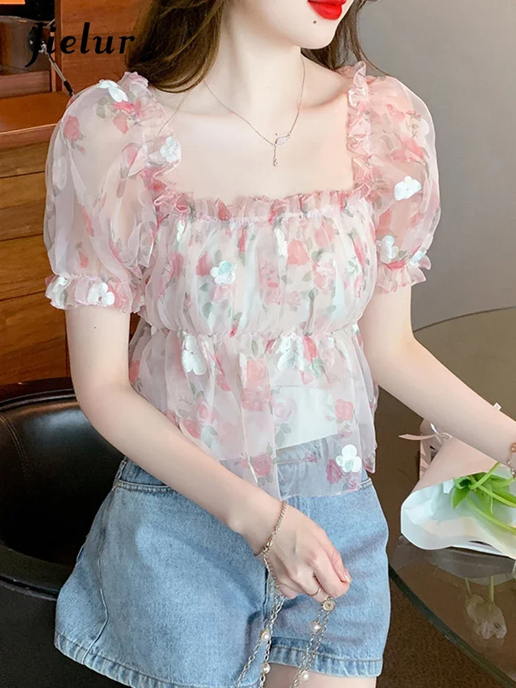 Jielur Summer New Slim Sweet Women Blouse Ladies Elegant Fashion Floral Blouse Woman Pink Blue Puff Sleeve Square Neck Top