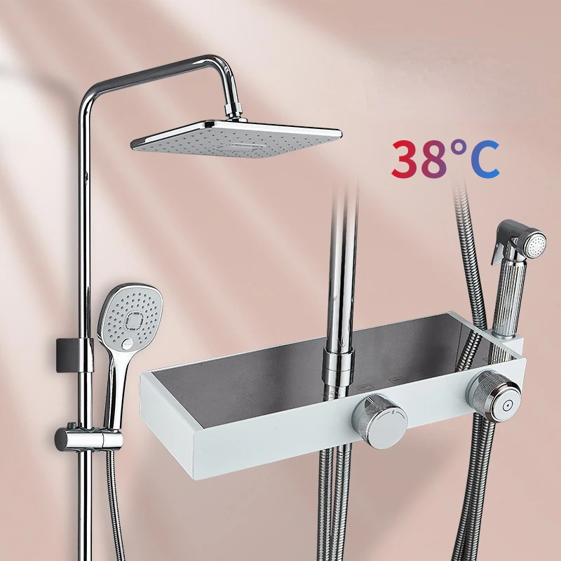 

Silver Shower System Set Constant Temperature Faucet Stainless Steel Bathroom Knob Control Pressurizing Nozzle