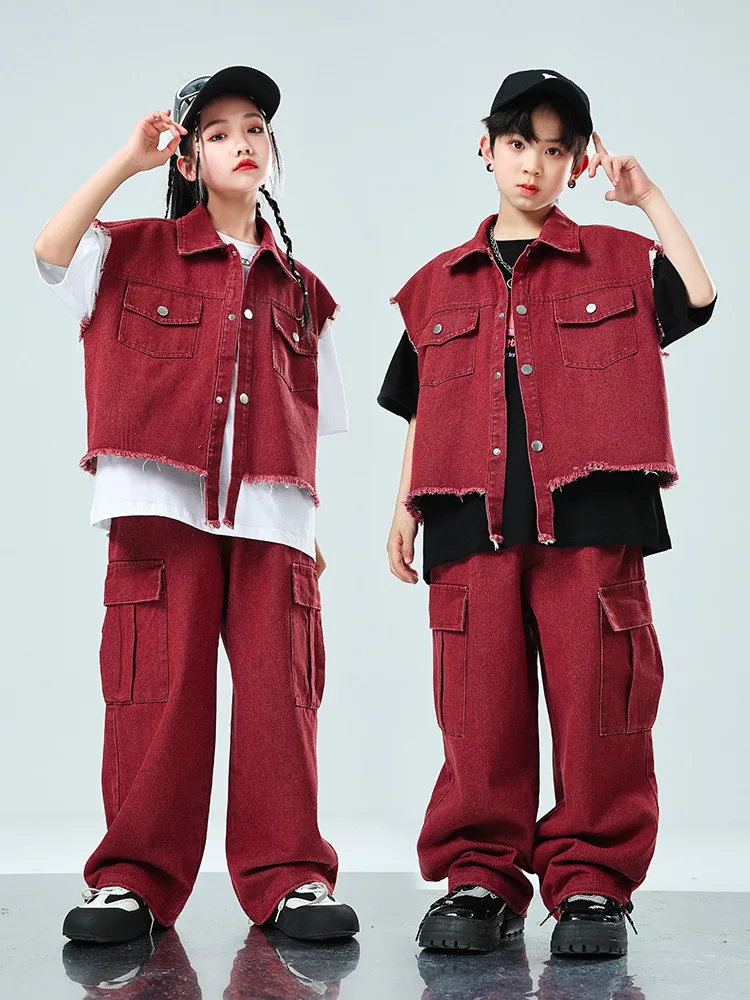 Kid Hip Hop abbigliamento vino rosso Denim giacca senza maniche gilet Top Jeans Casual Cargo pantaloni larghi per ragazza ragazzo Costume da ballo vestiti