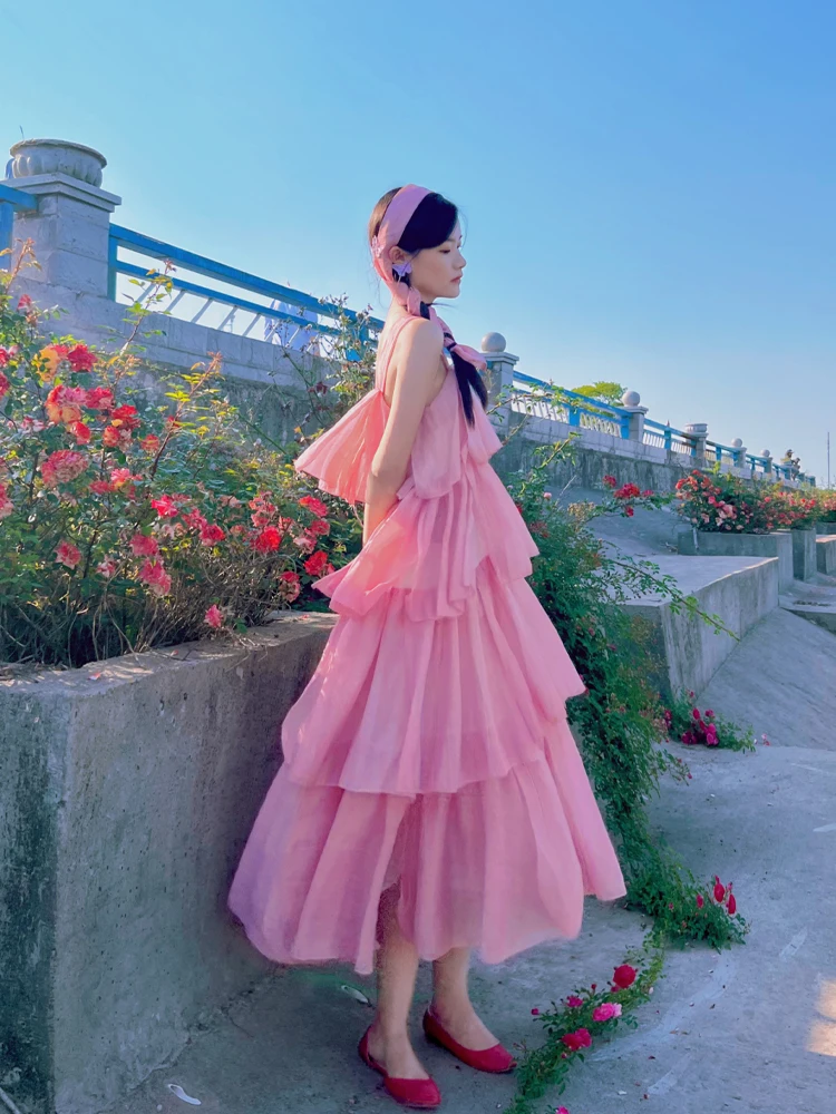 Long Dress Cake Photo Seaside Vacation Skirt Sanya Beach Travel Pink Strap Chiffon