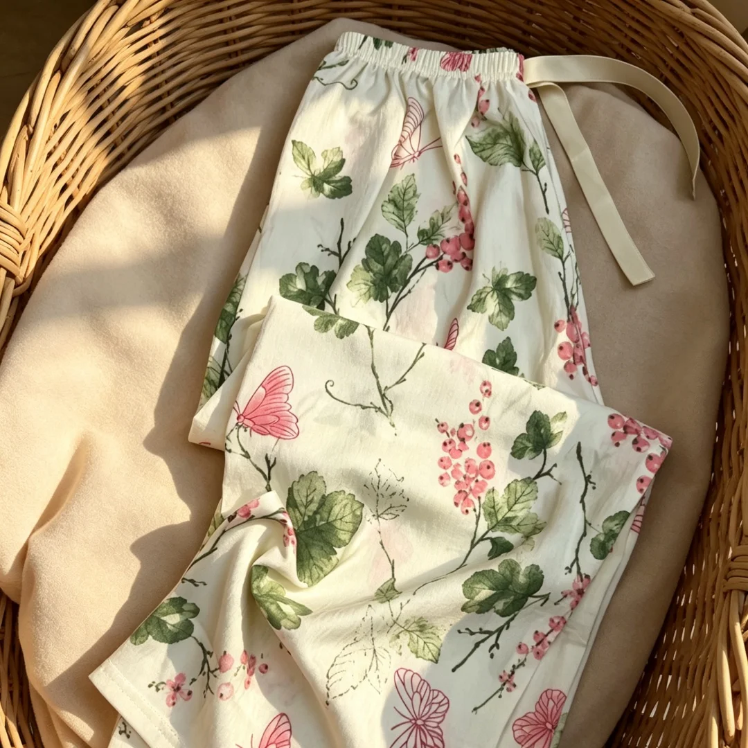 Women Pajama Pants Floral Butterfly Print Elastic Drawstring Waist Long Casual Sleepwear Bottoms Autumn Soft Trousers Woman