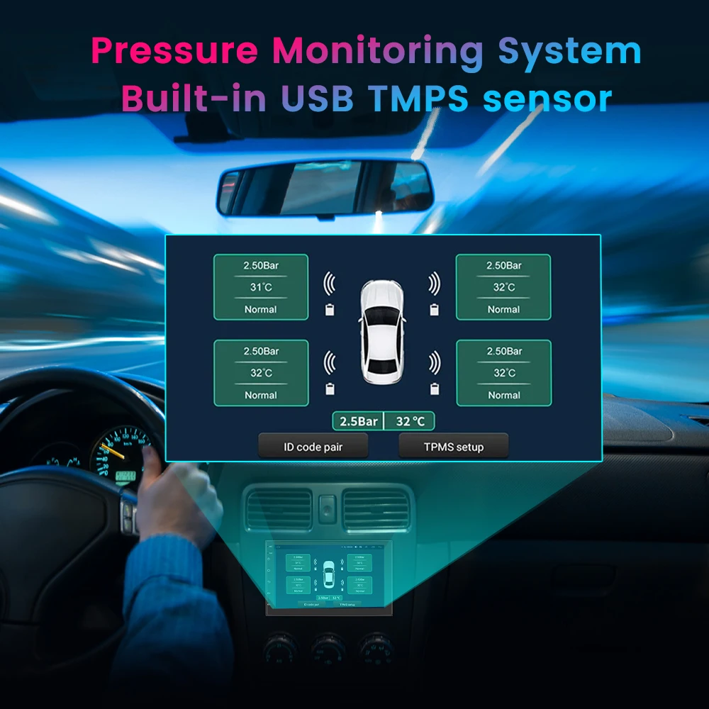 Podofo USB tire pressure monitoring TPMS Android tire pressure wireless tire pressure monitor with large screen for truck