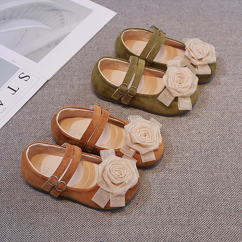 Autumn Girl's Princess Shoes Flower Double Strap Sweet Kid's Flat Shoe Solid Colors Anti-slip Charming Trendy Children Shoes