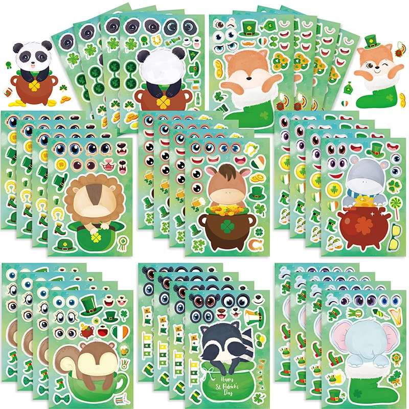 16Sheets Cute Animal Stickers DIY Make Face Stickers Cartoon Assemble Jigsaw DIY Children Toys Stickers Face Puzzle Stickers