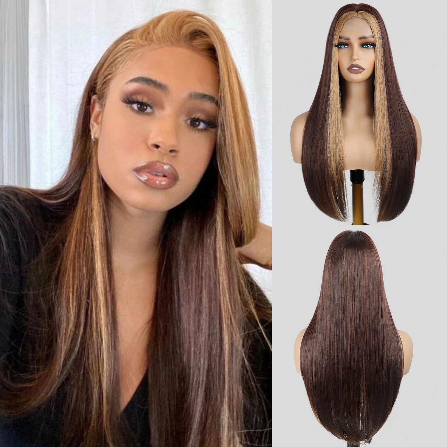 

28-inch synthetic women's wig, highlighted long straight hair, suitable for everyday wear and cosplay.