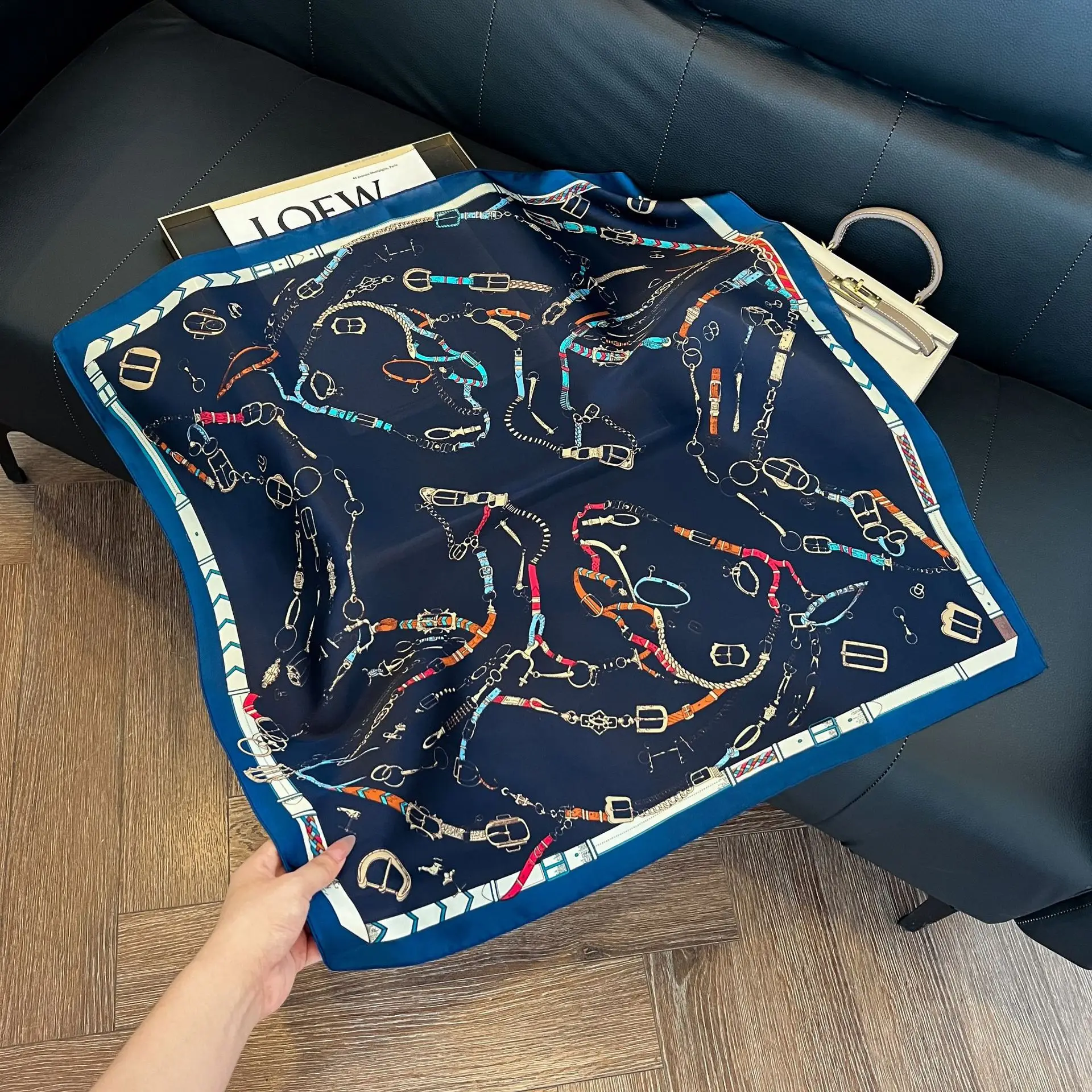 Luxury Brand Chain Print Small Square Scarf Simulated Silk Thin Neck Scarf Fashion Bandana Sunscreen Headscarf For Women 70x70cm