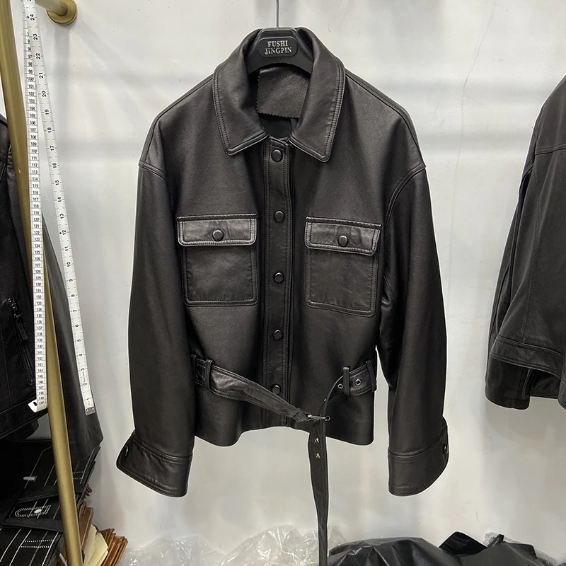 Spring Luxury Female Genuine Sheepskin Bubble Leather Coat Autumn Black Belt Slim Fashion Real Leather Jacket view 3