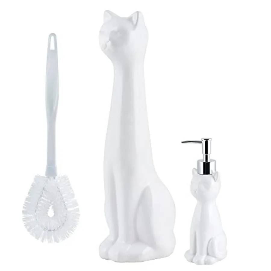 

3-Piece Ceramic Toilet Brush Holder w/ Plastic Handled Scrub Brush and Soap Dispenser