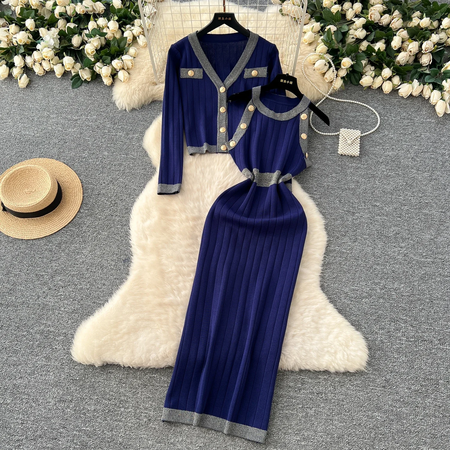 Elegant Long Sleeves Vintage V-neck Chic Metal Buckle Cardigan Coat Slim Halter Sleeveless Knit Dresses High Street Winter Sets