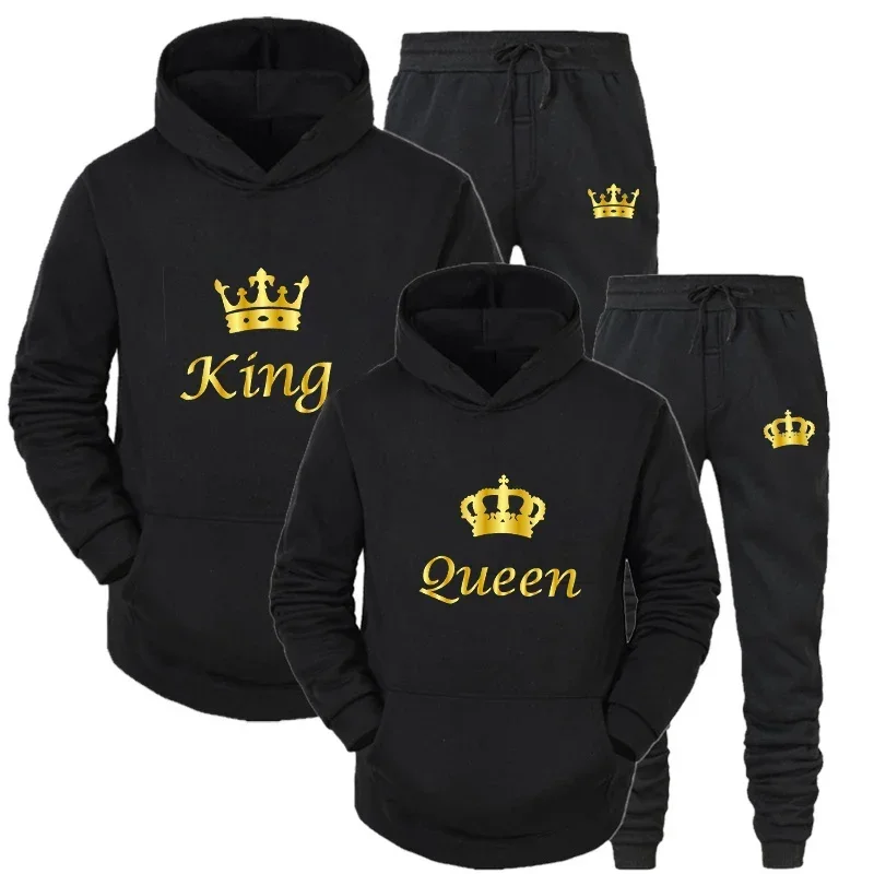 KING or QUEEN Couple Sportwear Set Fashion Printed Hooded Suits for Men and Women Unisex Pullover Hoodies and Sweatpants Sets