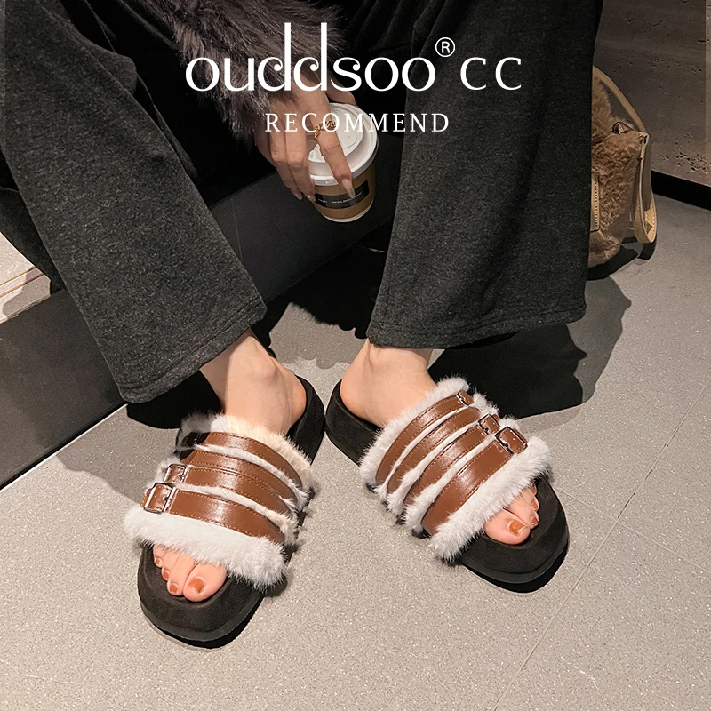 

Ods Women Casual Slippers Summer Autumn Flat Shoes Woman Slip On Slides Pop Leather Fur Female Sandals Warm Indoor Outdoor Mules