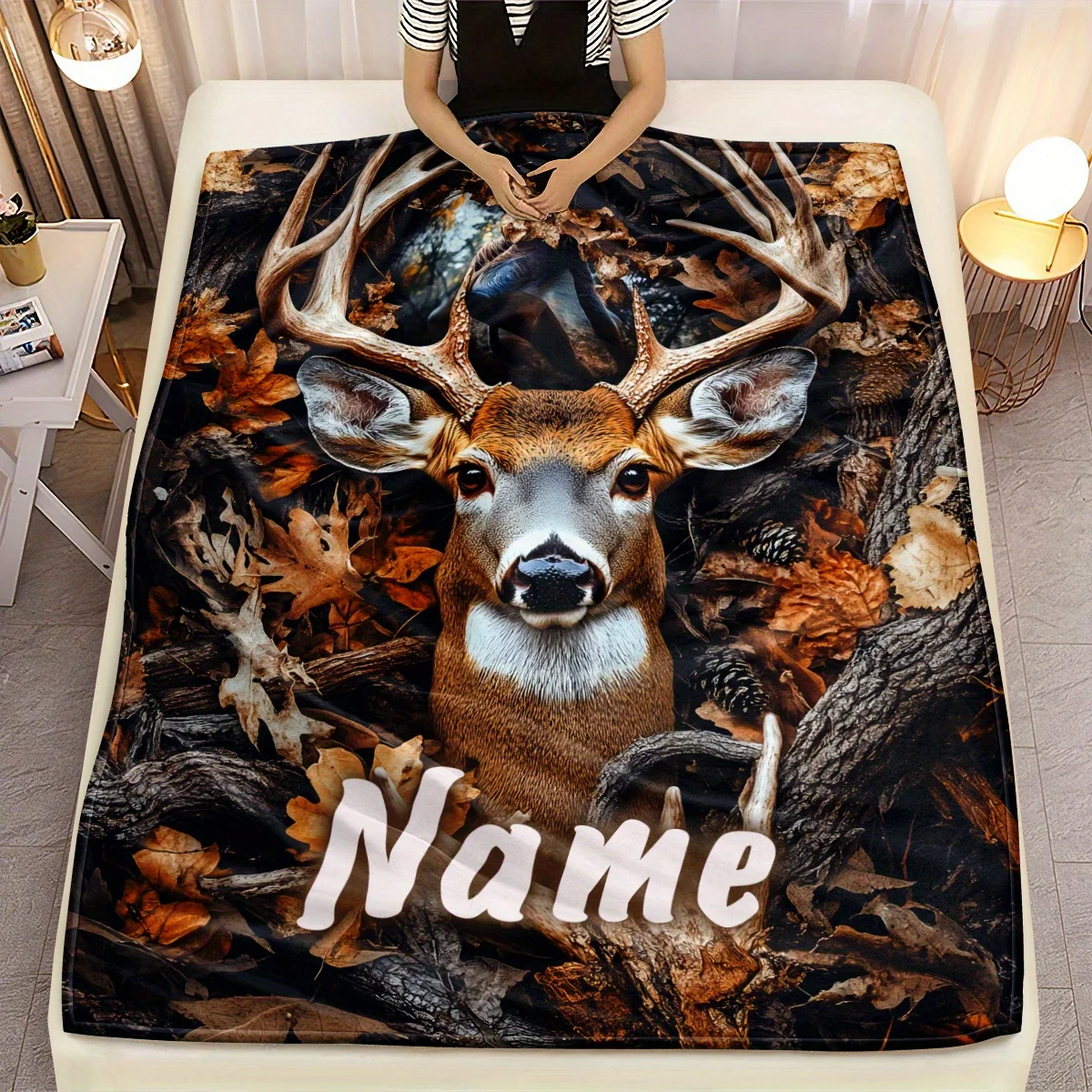 Custom Deer Fleece Blanket Personalized Name Forest Animal Print Throw Soft Warm All Season Bedding Gift for Hunting Lovers