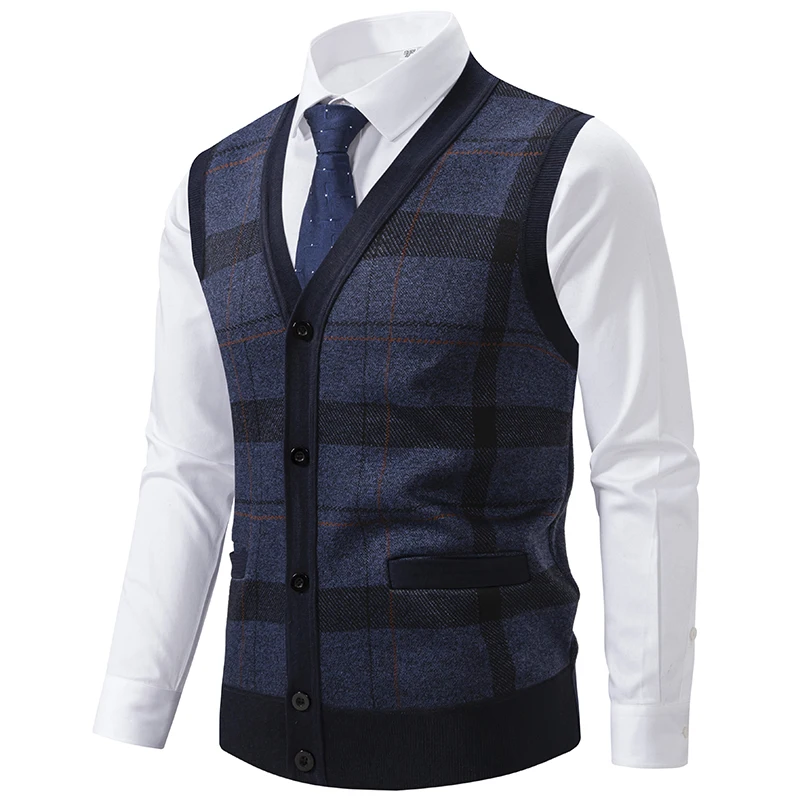 Mens Smart Casual Knit Vest Sleeveless Waistcoat V Neck Suit Vest Button Contrast Cardigan Vest