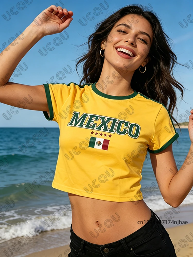 Sommerliches T-Shirt mit New-Mexico-Flagge für Damen, kurzärmeliges Crop-Top, Streetwear, Vintage-Ästhetik, O-Ausschnitt, lässige Y2k-Tops – Detail 4