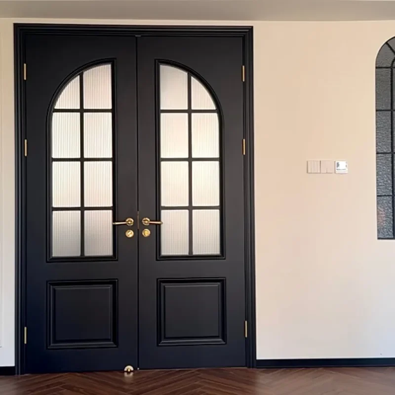 French Style Solid Wood Door with Arched Glass Retro Interior Door for Living Room Bedroom European Design Wholesale