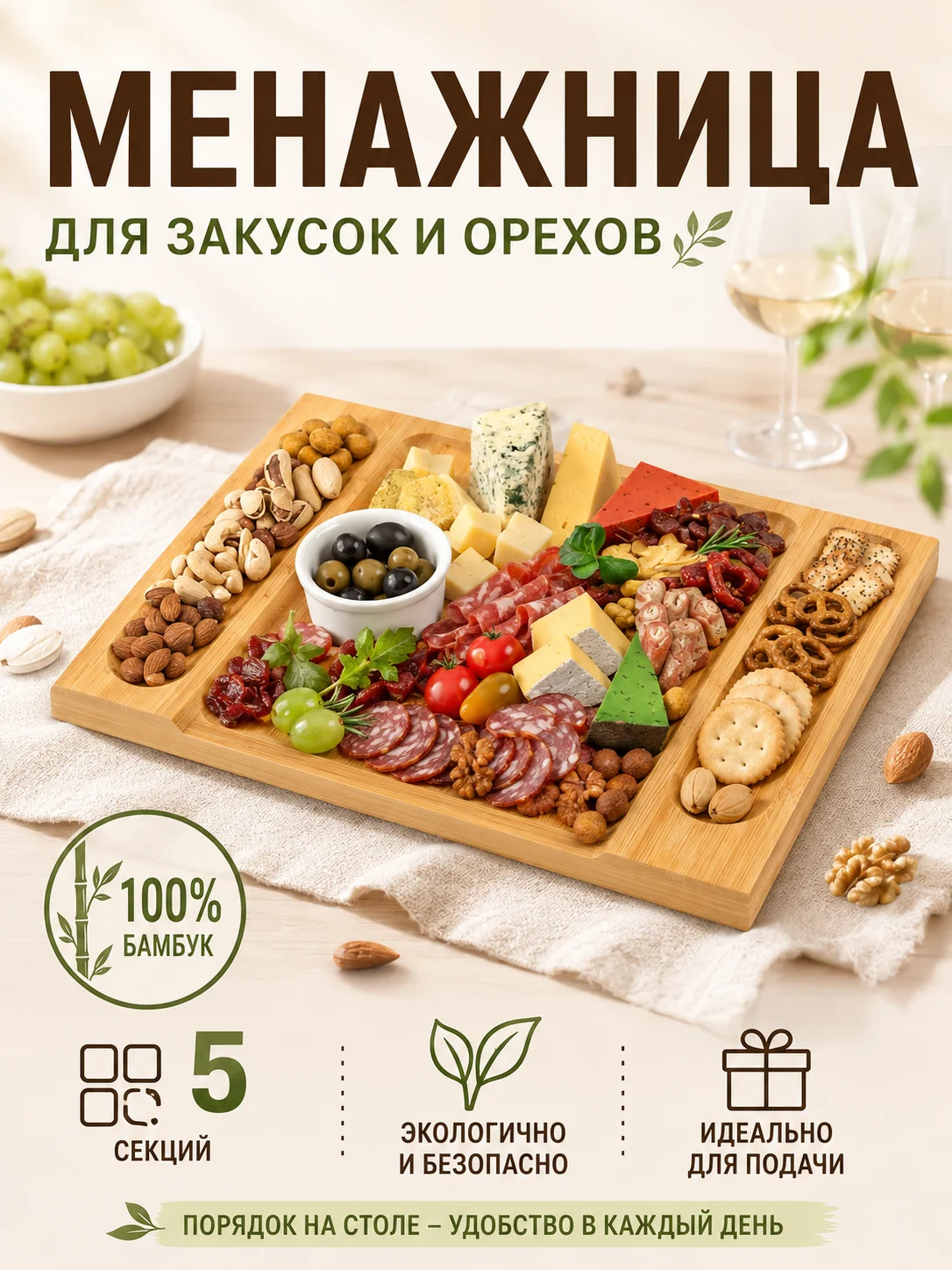 Snack and nut tray, a wooden serving platter with 3 compartments for cheese, fruit, and sweets