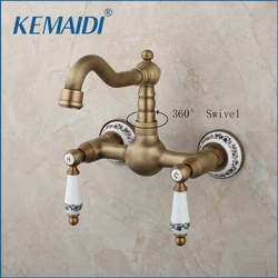KEMAIDI Wall Mounted Bathroom Sink Faucet Dual Handle Antique Brass Hot and Cold Water Tap with 360 Swivel Long Spout Faucets