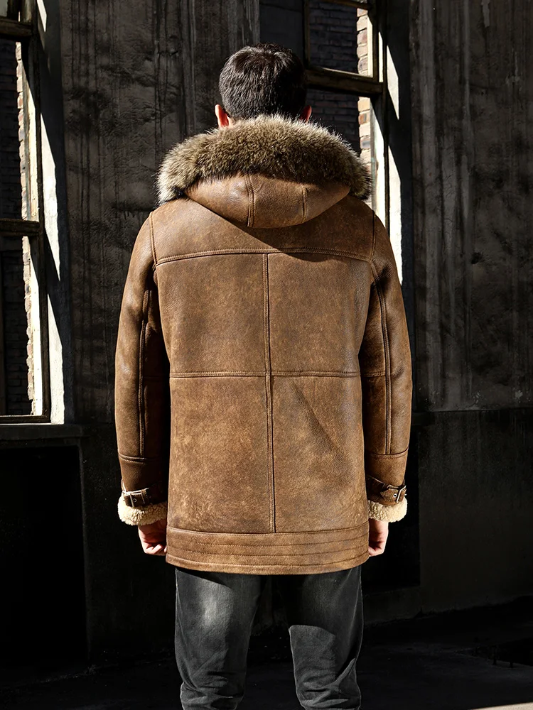 Hooded Long Original Ecological Fur Integrated Genuine Leather Jacket Men Real Fur Coat Retro Brown Thick Winter Sheepskin Coat