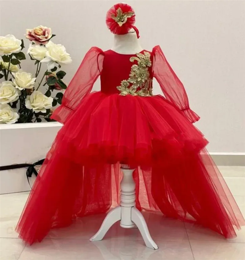 

Red Tulle Dress Handmade Baby Girl Birthday Girl Dress Princess Flower Girl Dress Long Puffy Prom Dress