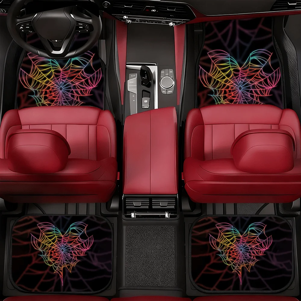 4pcs Colorful Spider Web Heart Pattern Black Car Floor Mats | Full Coverage, All-Season, XPE Non-Slip Durable Mats For SUV Inter