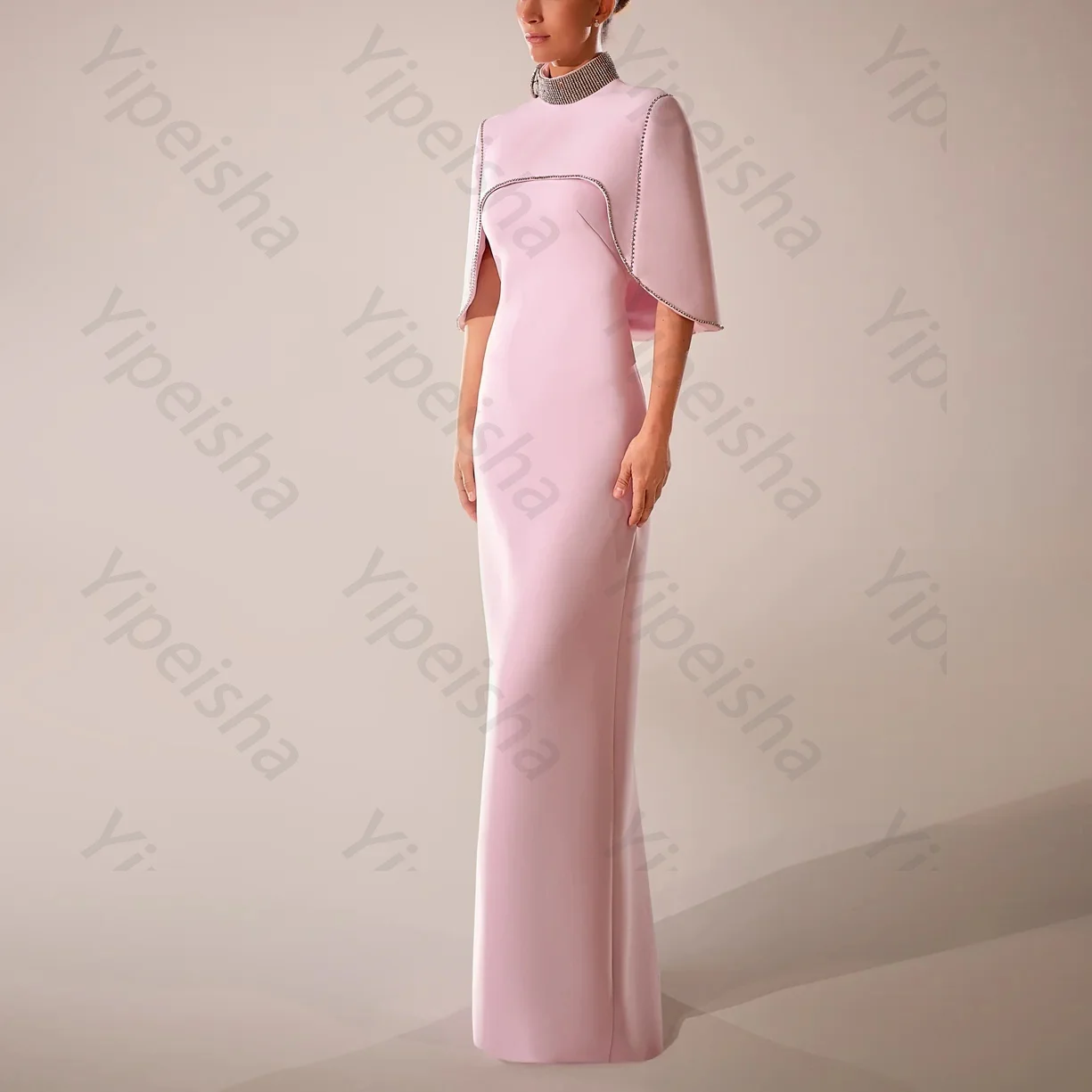 

Customized High Quality Pink Crepe Elegant Evening Dresses O-Neck for Floor-Length with Beadings A-Line for Formal Party Dress