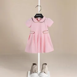 Female Child Clothes Fashion Girls Dresses Birthday Pink School Style Summer Dress Turndown Collar Kids Cotton A-line Skirt