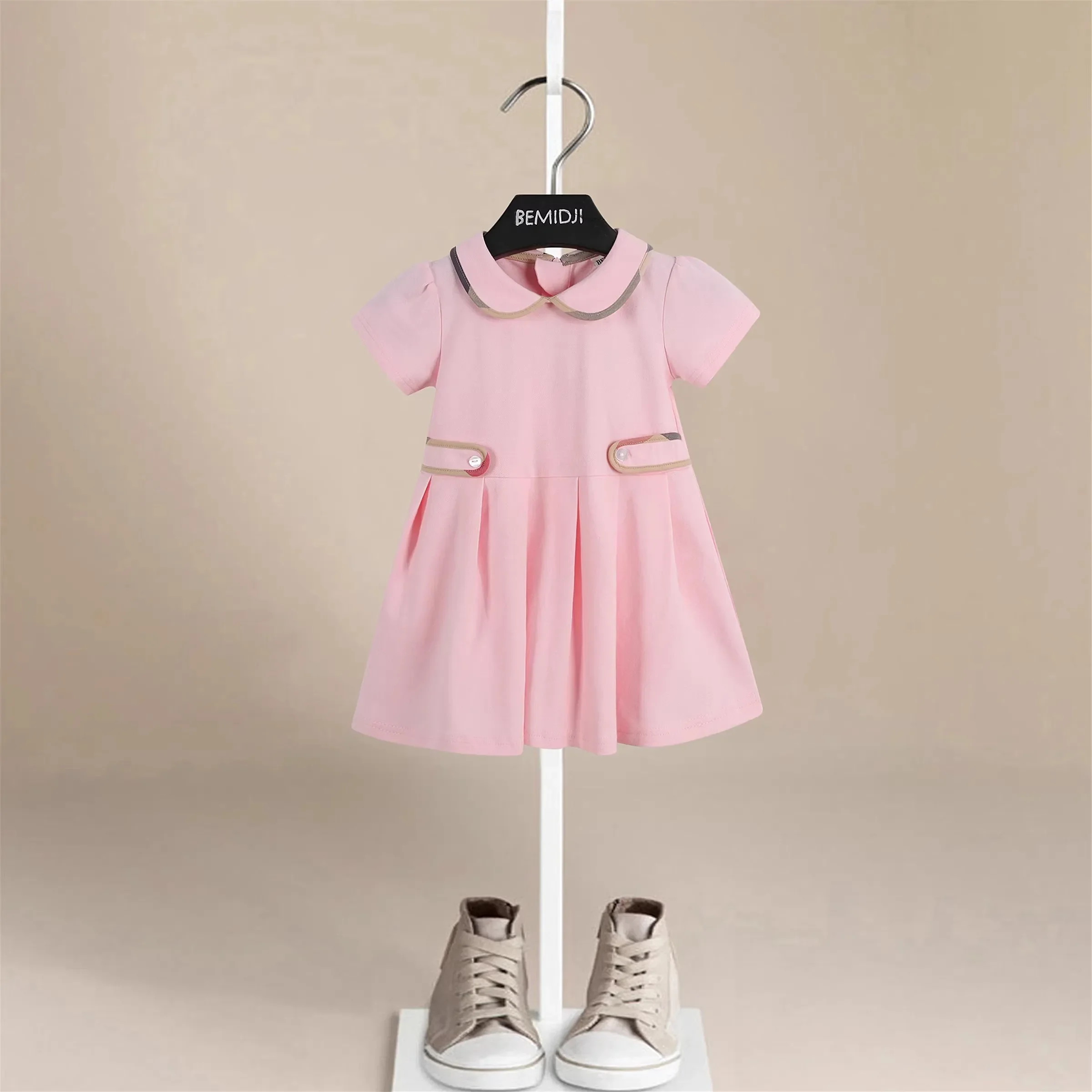 Female Child Clothes Fashion Girls Dresses Birthday Pink School Style Summer Dress Turndown Collar Kids Cotton A-line Skirt