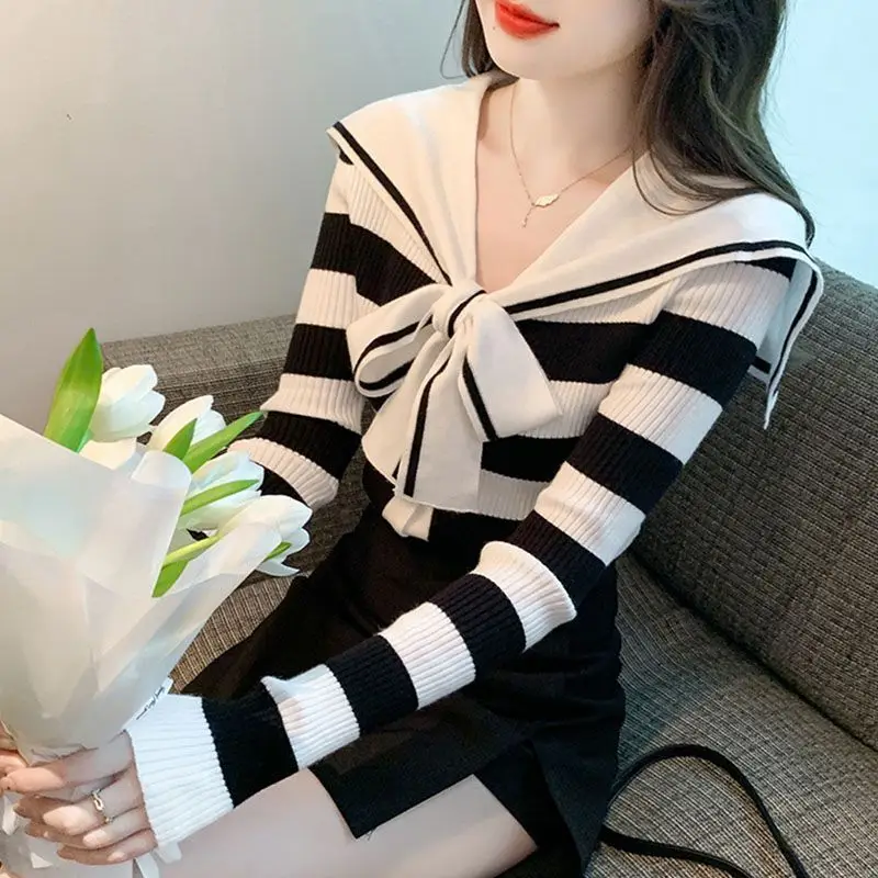 Office Lady Women\'s Clothing Autumn Winter Scarf Collar Pullover Striped Sweater Knitted Contrast Color Screw Thread Tops