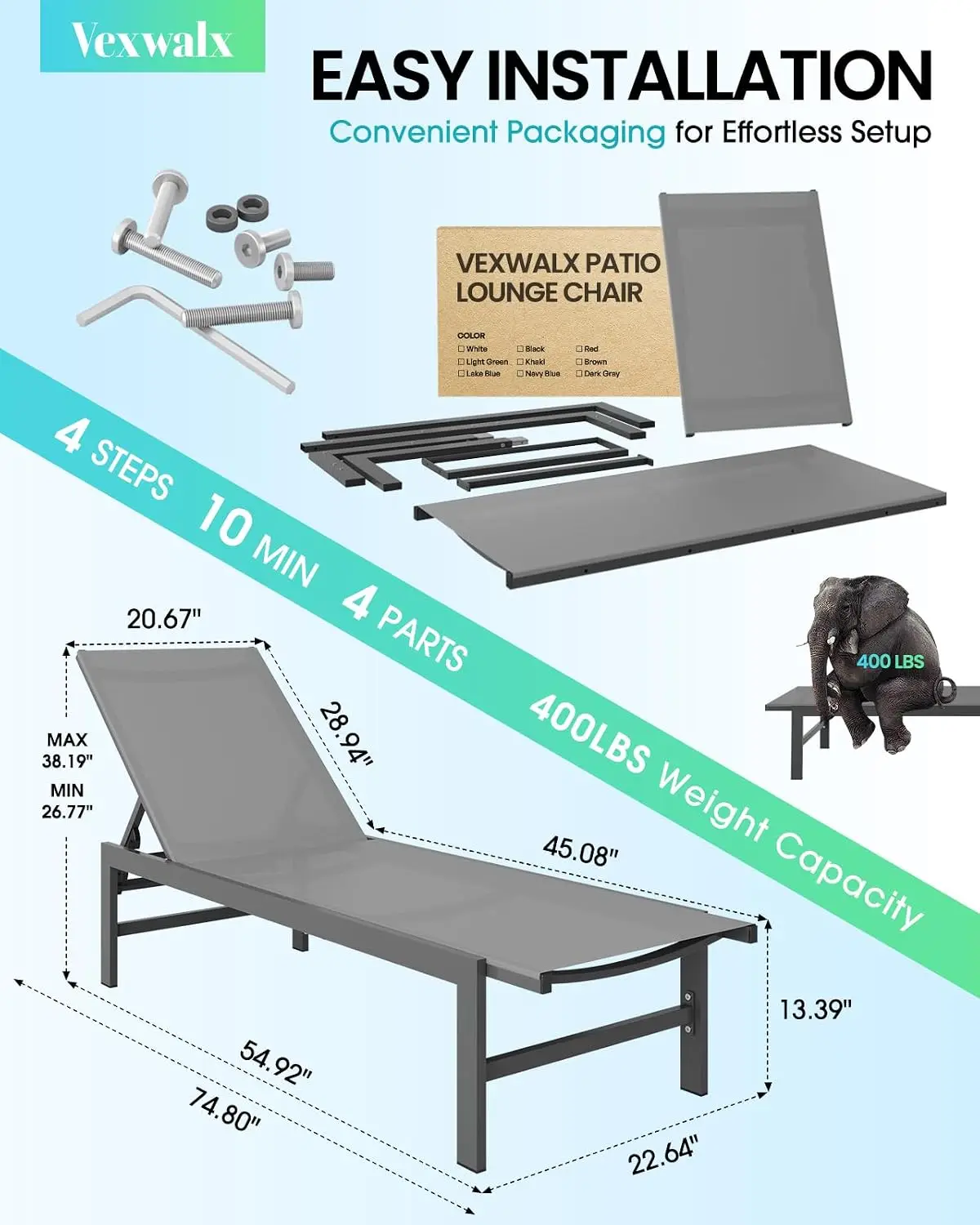 Aluminum Pool Lounge Chair Set of 2, 5-Position Recliner Outdoor Chaise for Backyard Poolside Deck, Darkgray, Customized