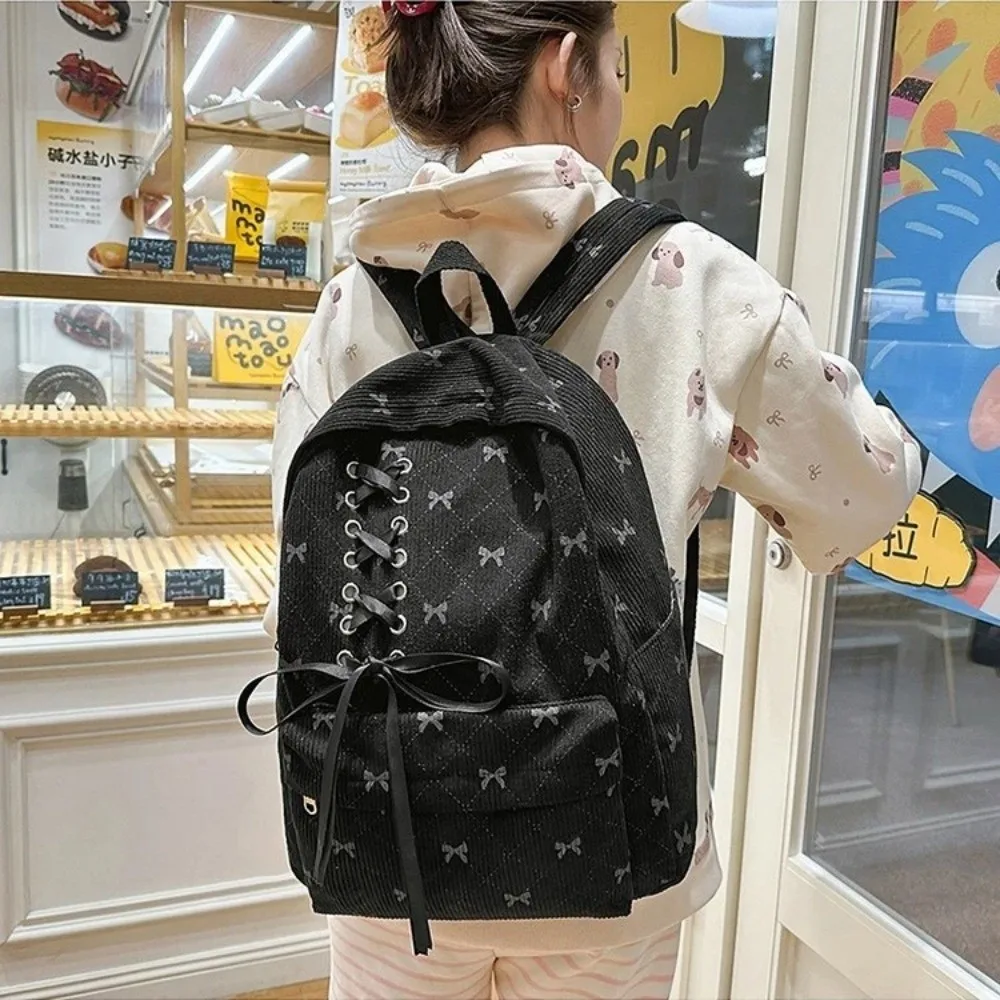 Large Capacity Corduroy Bow Backpack Korean Style Lightweight Double Shoulder Bag Adjustable Strap Students Backpack Students