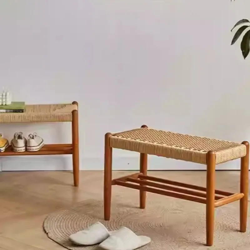 Bangku Sepatu Kayu Solid Nordic Bangku Ujung Tempat Tidur Anyaman Tali Jepang Kursi Penyimpanan Panjang Pintu Masuk Ottoman Buatan Tangan Minimalis