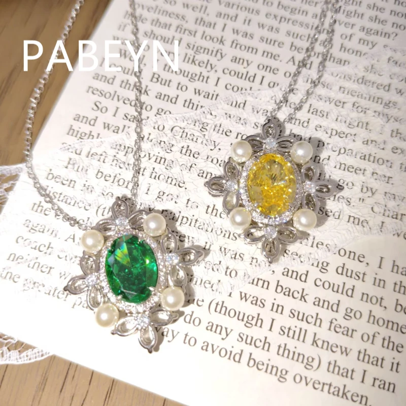 925 Sterling Silver Fashion Luxury Ice Flower Cut Oval Zircon Pearl Pendant Necklace Birthday Party Anniversary Gift
