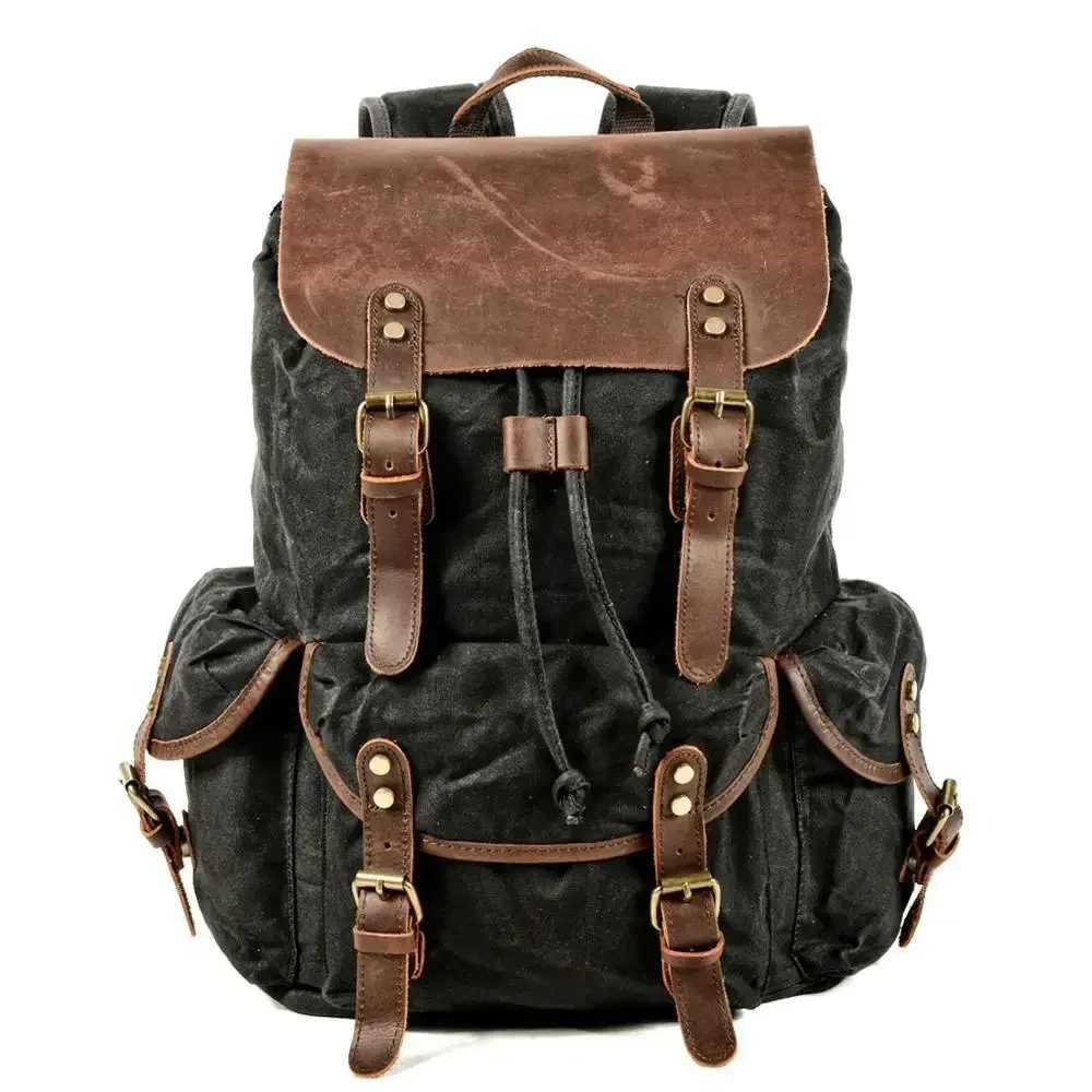 

Leather Trim Canvas Backpack Vintage Drawstring Rucksack For Men Casual Travel Hiking