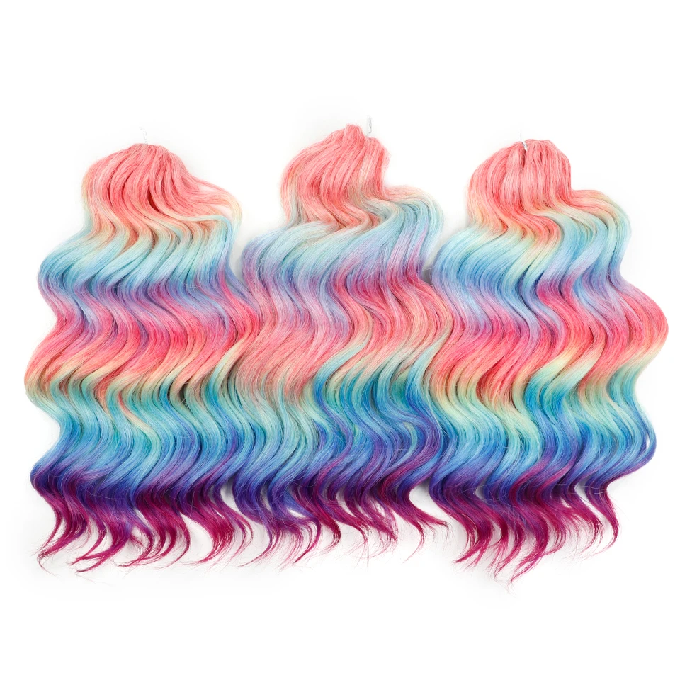 LOVE ME 3PCS 16 Inch Deep Wavy Crochet Hair Synthetic Curly Hair Crochet Braids Ombre Rainbow Braiding Hair Extensions
