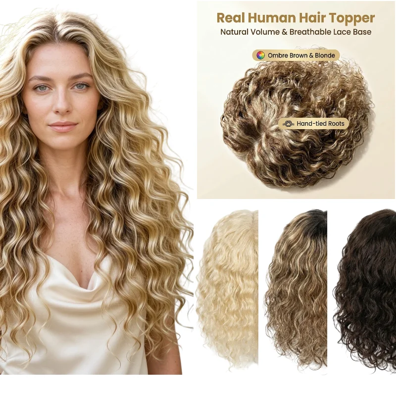 Human Remy Hair Women Hairpiece Swiss Lace 13x14cm 12inch Deep Wave Curly Topper Hand-Tied Color #613 P4-27 7-10Days Delivery