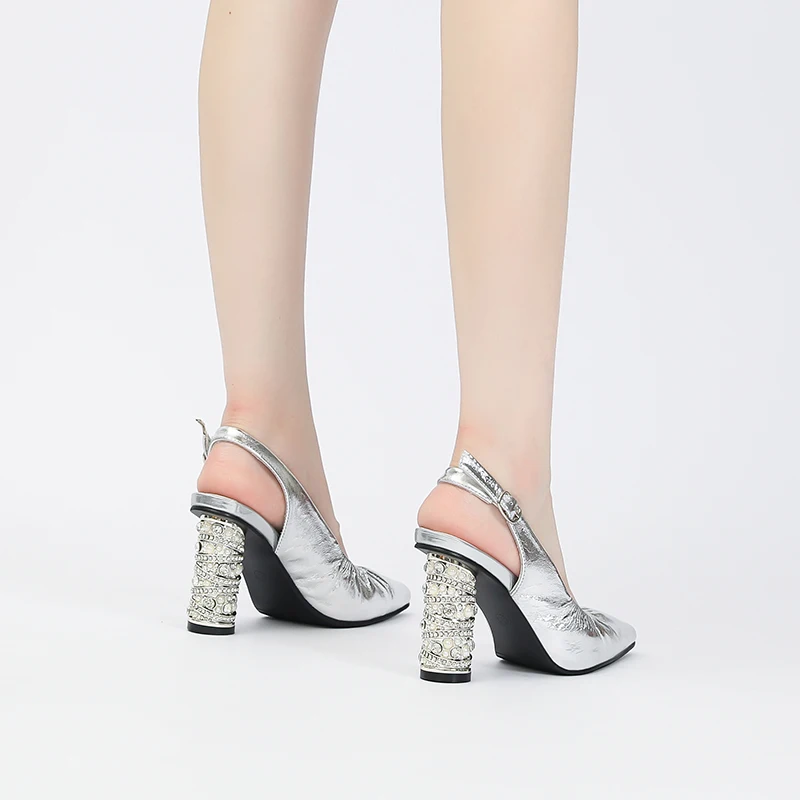 SDTRFT 8cm Rhinestone Chunky High Heel Pointed Toe Genuine Leather Bridal Shoes Women Wedding Pumps Steel Pipe Dance Stilettos
