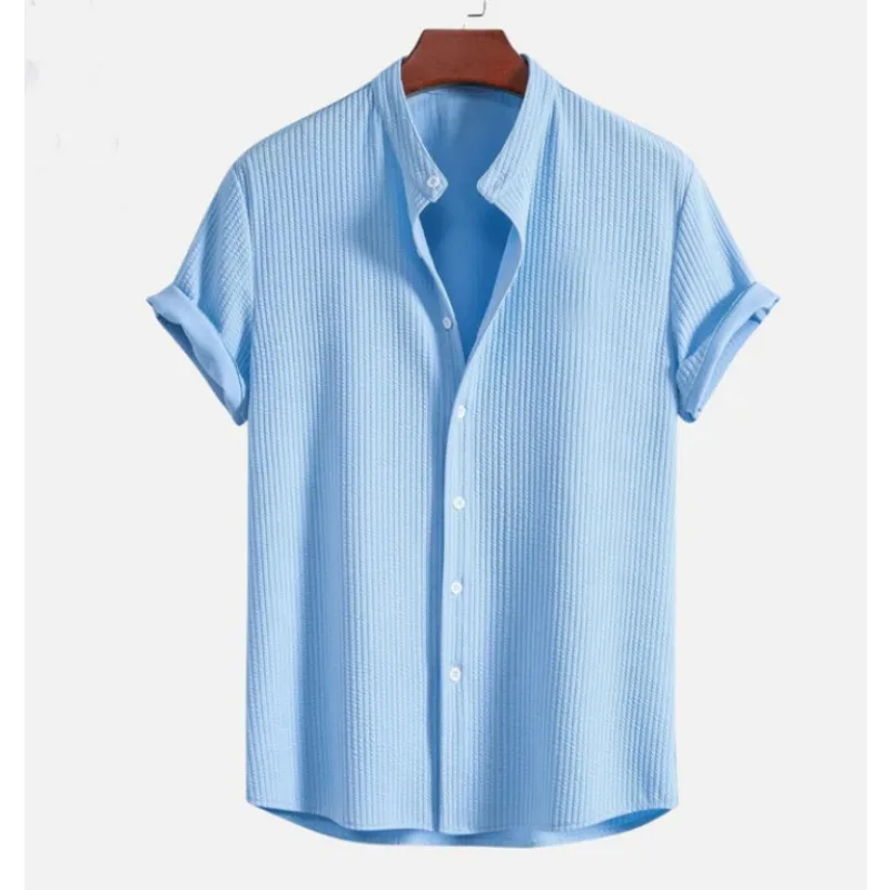 

Men's Solid Color Short Sleeve Shirt Stand Collar Button Down Textured Waffle Casual Tops for Summer Daily Wear Beach Vacation
