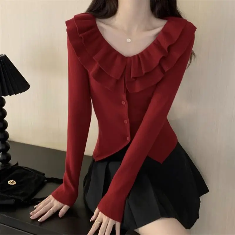 

Elegant French Style Ruffles Spliced Sweaters Autumn Winter Slim Casual V-Neck Women's Clothing Long Sleeve Knitted Cardigan New