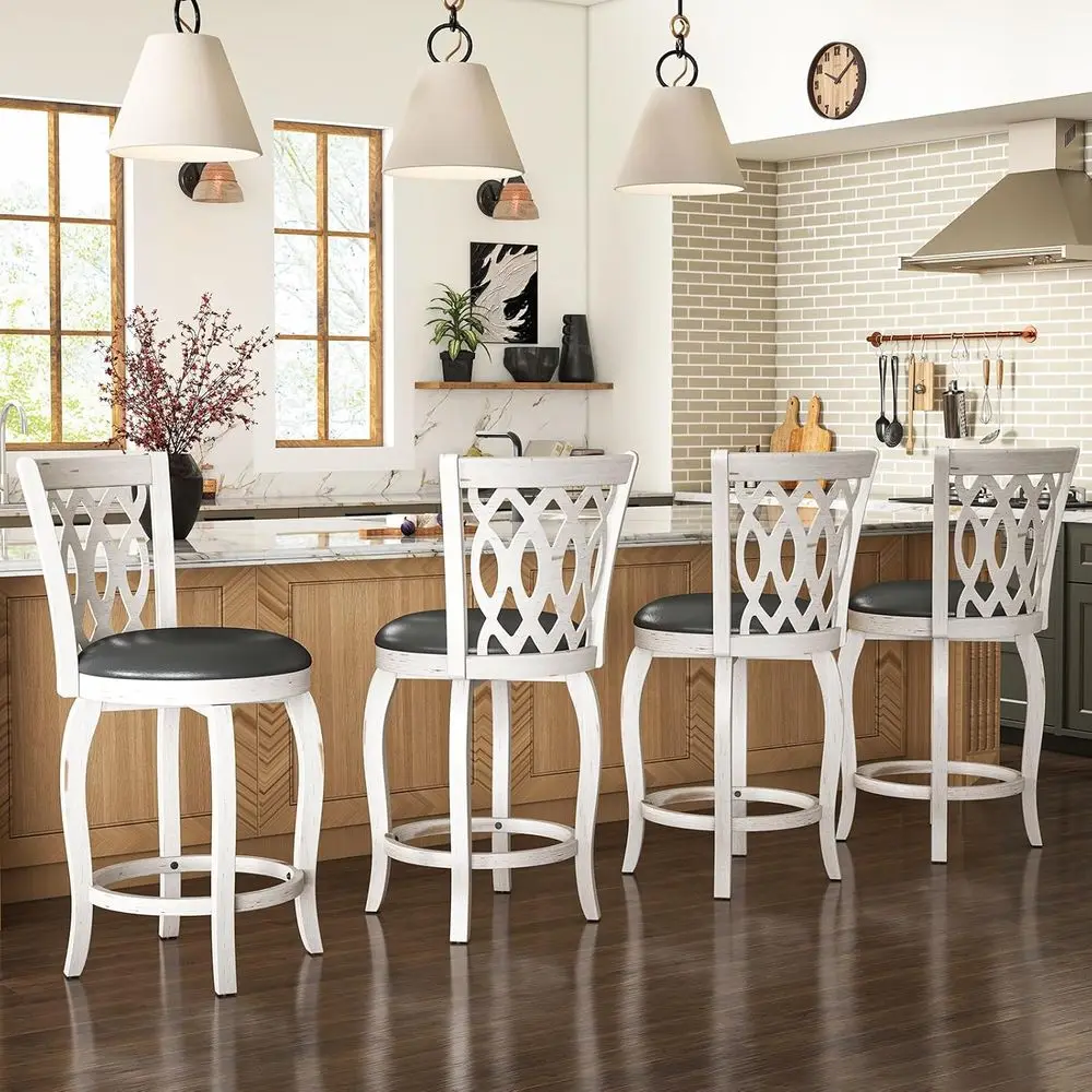 

Набор из 4 белых барных стульев с обивкой, поворотные, с высокой спинкой и подставкой для ног, для кухонного острова