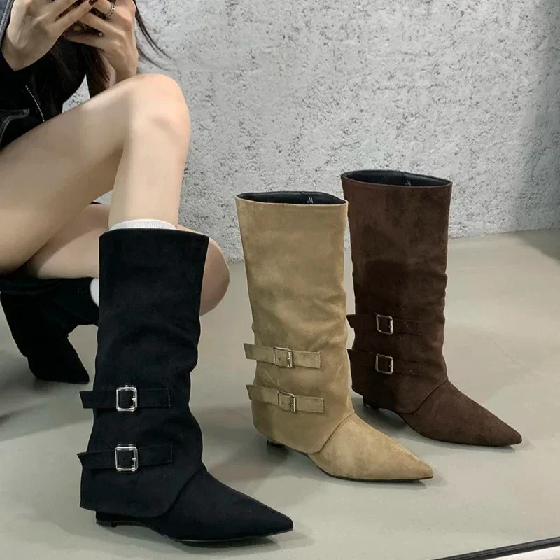 

Vintage Suede Women Trouser Legs Boots Fashion Belt Buckle Slip On Shoes Autumn Winter Wedges Heel Ladies Long Booties