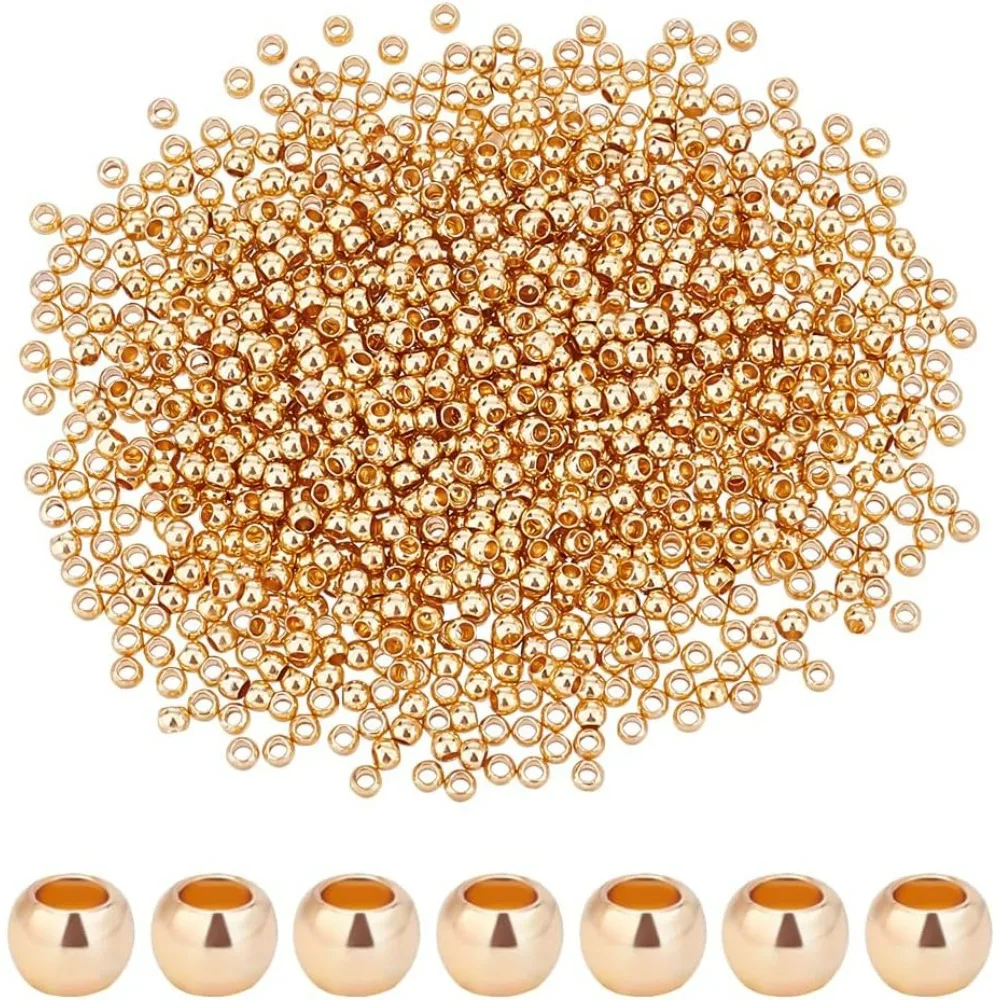 1000pcs 2mm 14K Gold Plated Brass Beads Long-Lasting Round Smooth Spacer Seamless Loose Ball Gold Metal