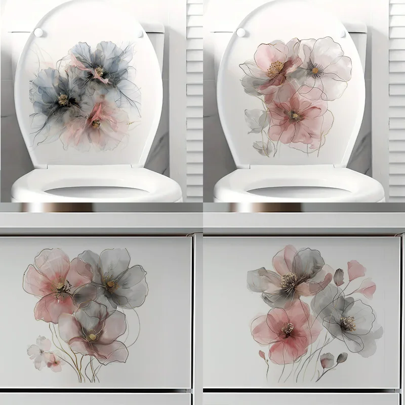 Abstract Pink Grey Flowers Self-Adhesive Toilet Stickers,Wall Decal Removable, Reusable Vinyl Car Sticker for Bathroom Decor