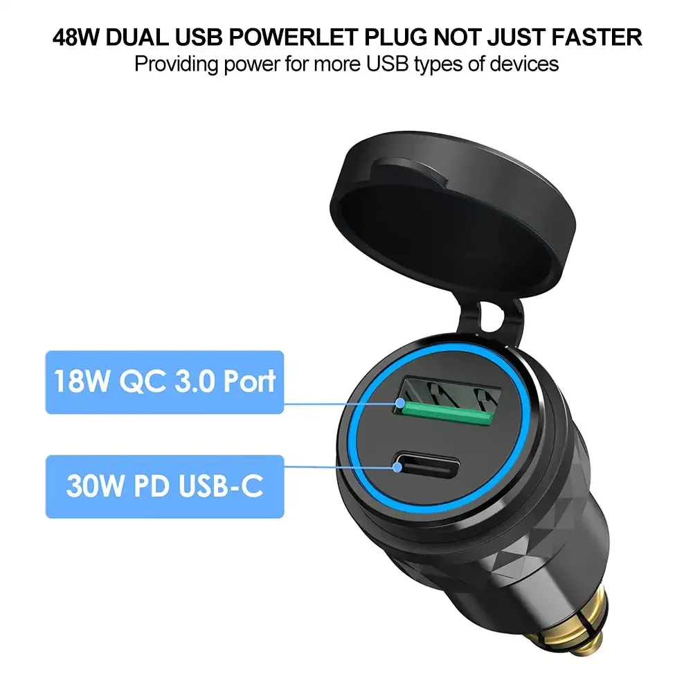 Cargador USB de aluminio para motocicletas, adaptador de cargador rápido de 30W PD tipo C QC 3,0, resistente al agua, para enchufe Hella DIN/BMW Ducati Triumph