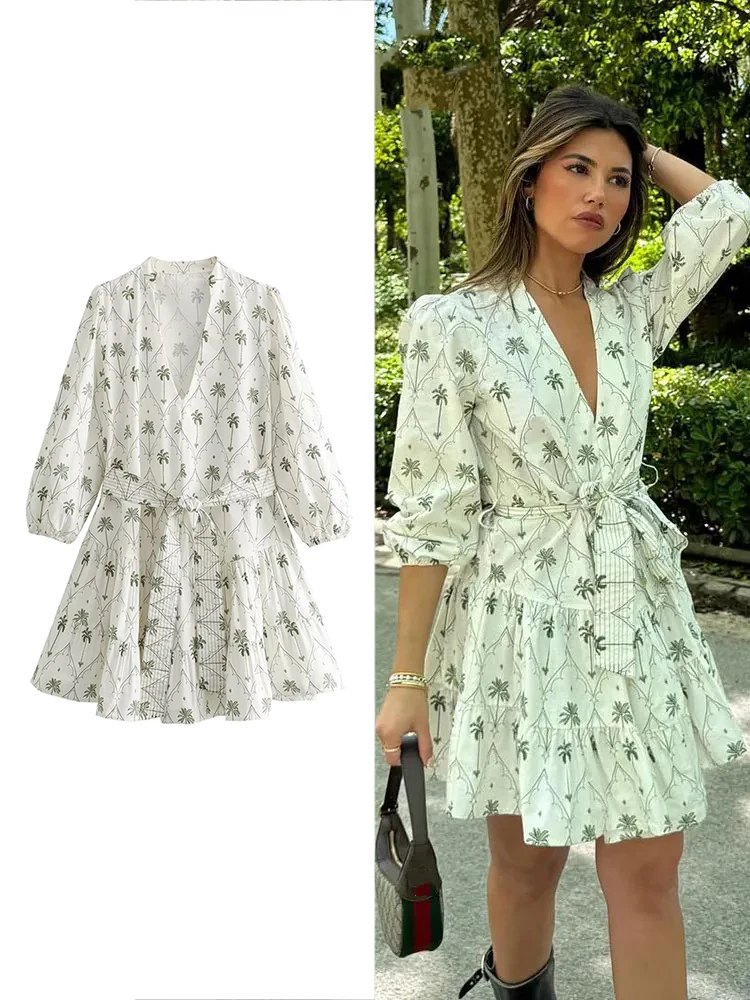 ZABA Women\'s Elegant Printed Pleated Mini Dress Puffy Sleeve Belted V-Neck Vintage Elegant Dresses Chic Holiday Bohemian Robe