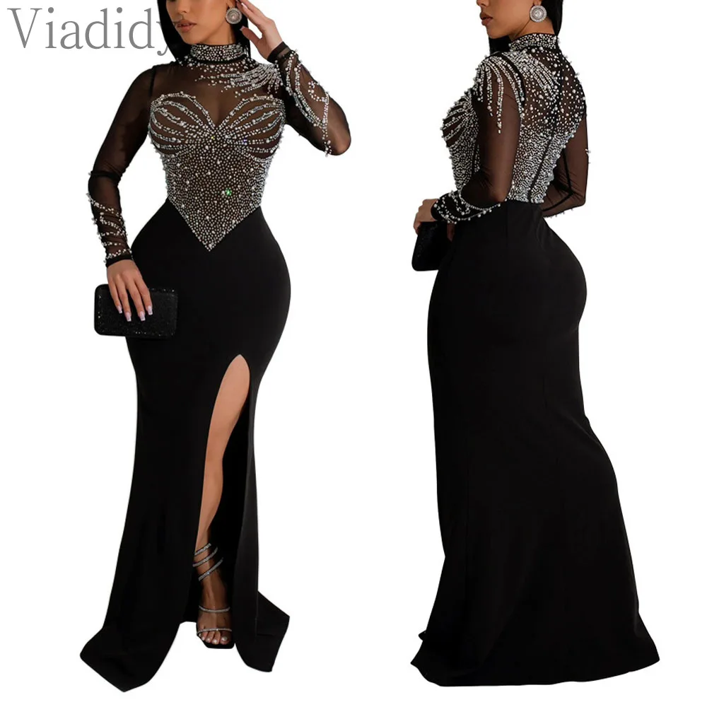 Women Sexy See Through Rhinestone Beads Decor Floor Length Mermaid Party Dress