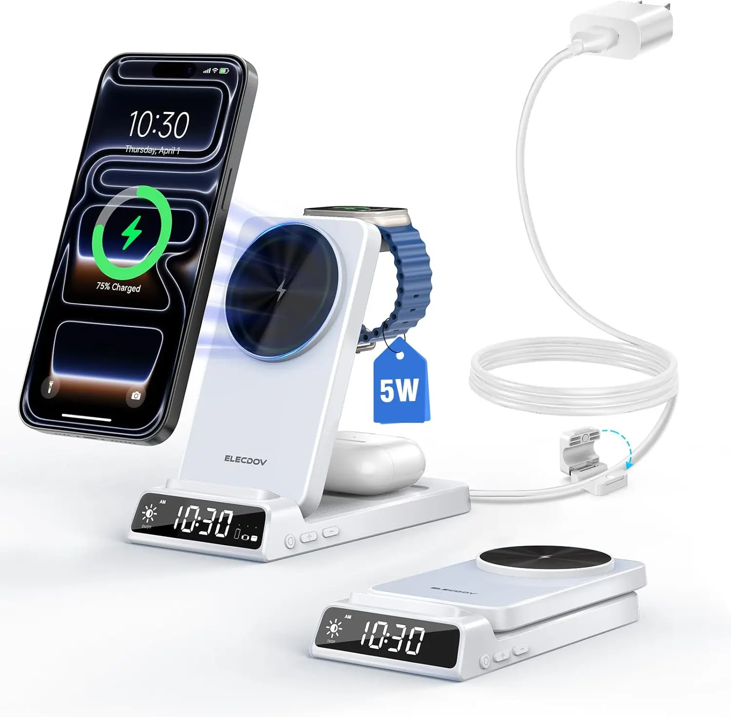 

Складная беспроводная зарядная станция 3-в-1 с прикроватными часами для iPhone, Apple Watch, AirPods (белая)