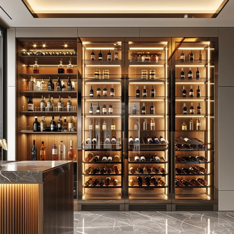 Luxury Stainless Steel LED Lit Gold/Rose Gold Temperature Controlled Wine Cabinet Cellar Display Rack For Home Hotel Restaurant